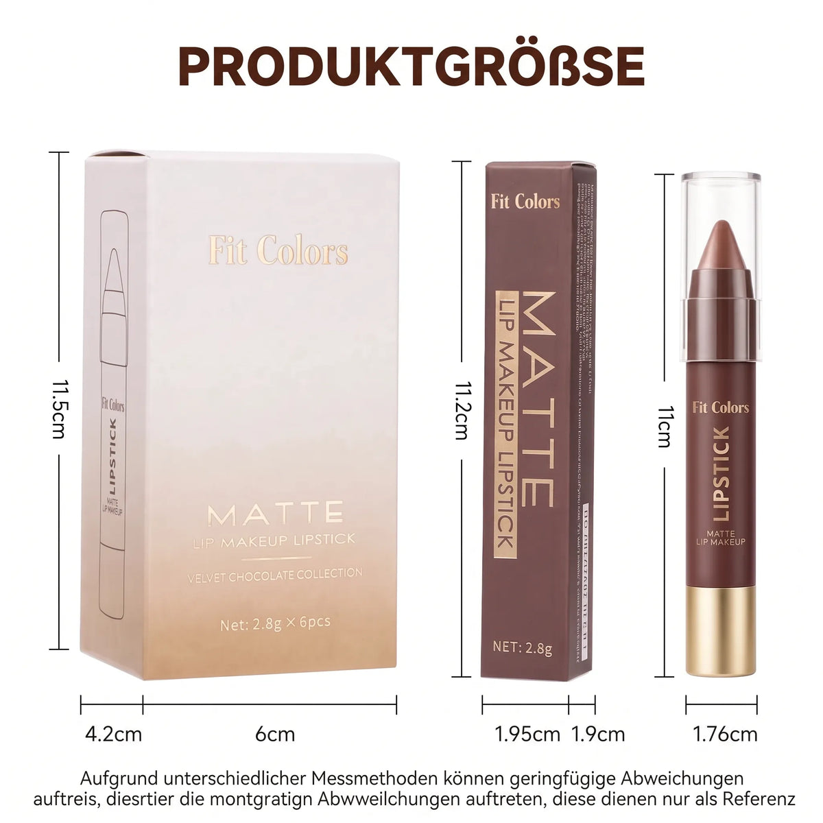 6-teiliges Set lang anhaltender, matter, brauner Lippenstift