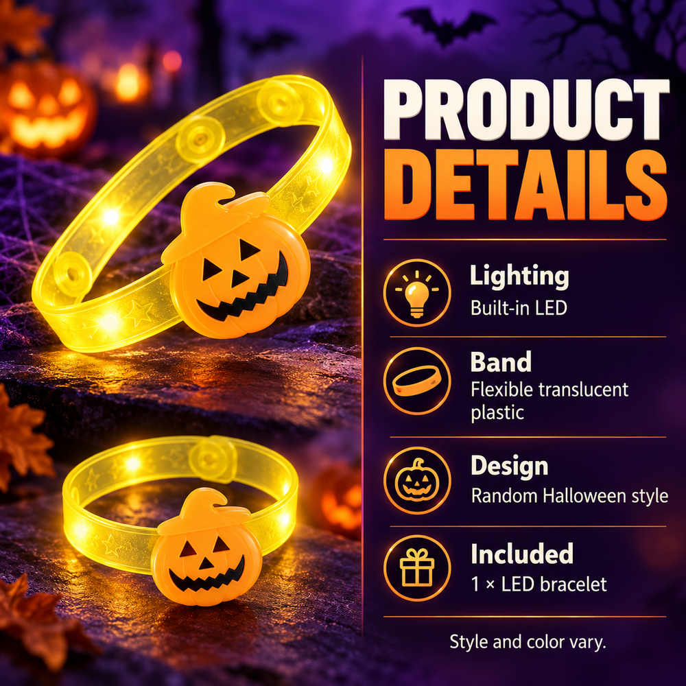 Product specifications: built-in LEDs, flexible translucent plastic, random Halloween design, one bracelet per unit