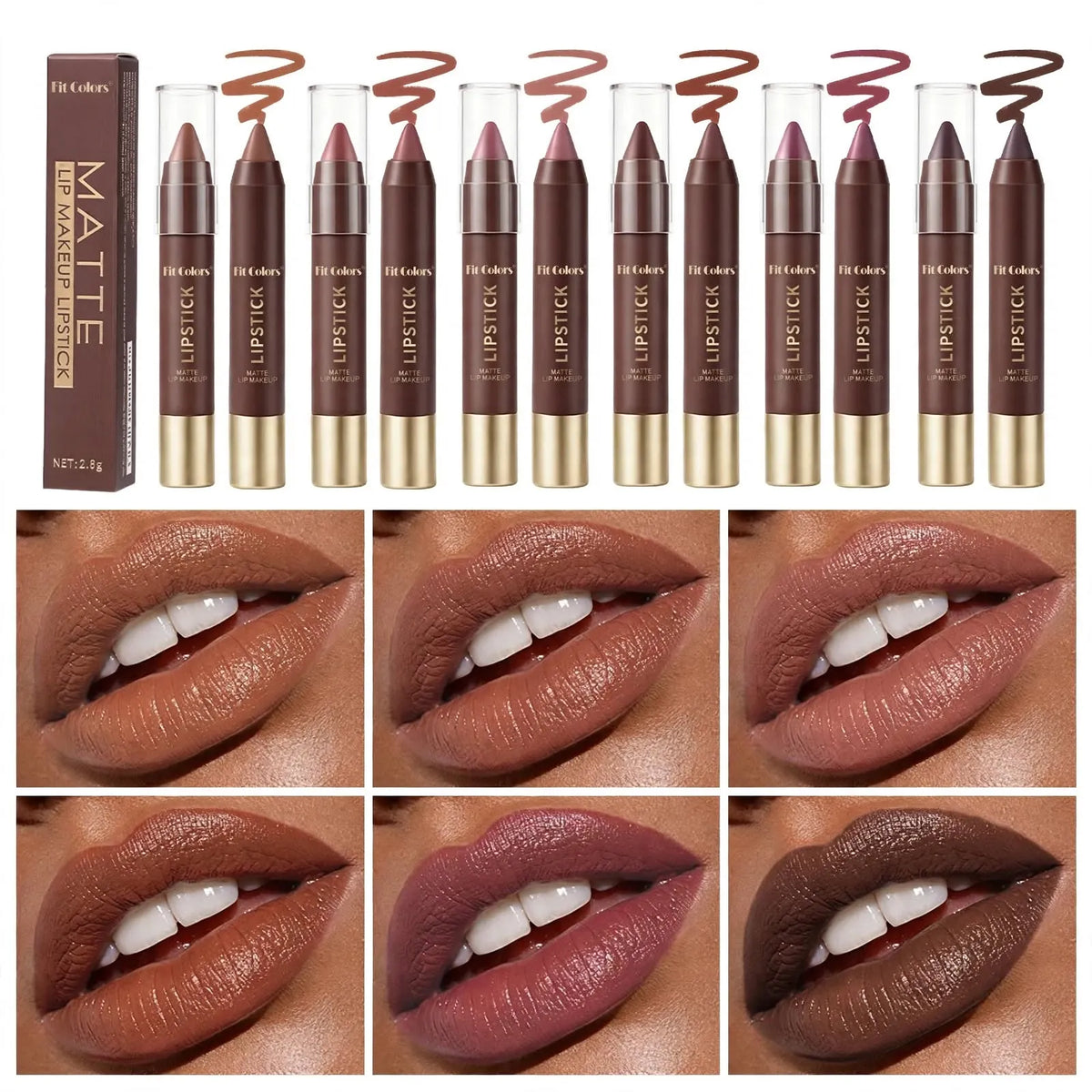 6-teiliges Set lang anhaltender, matter, brauner Lippenstift