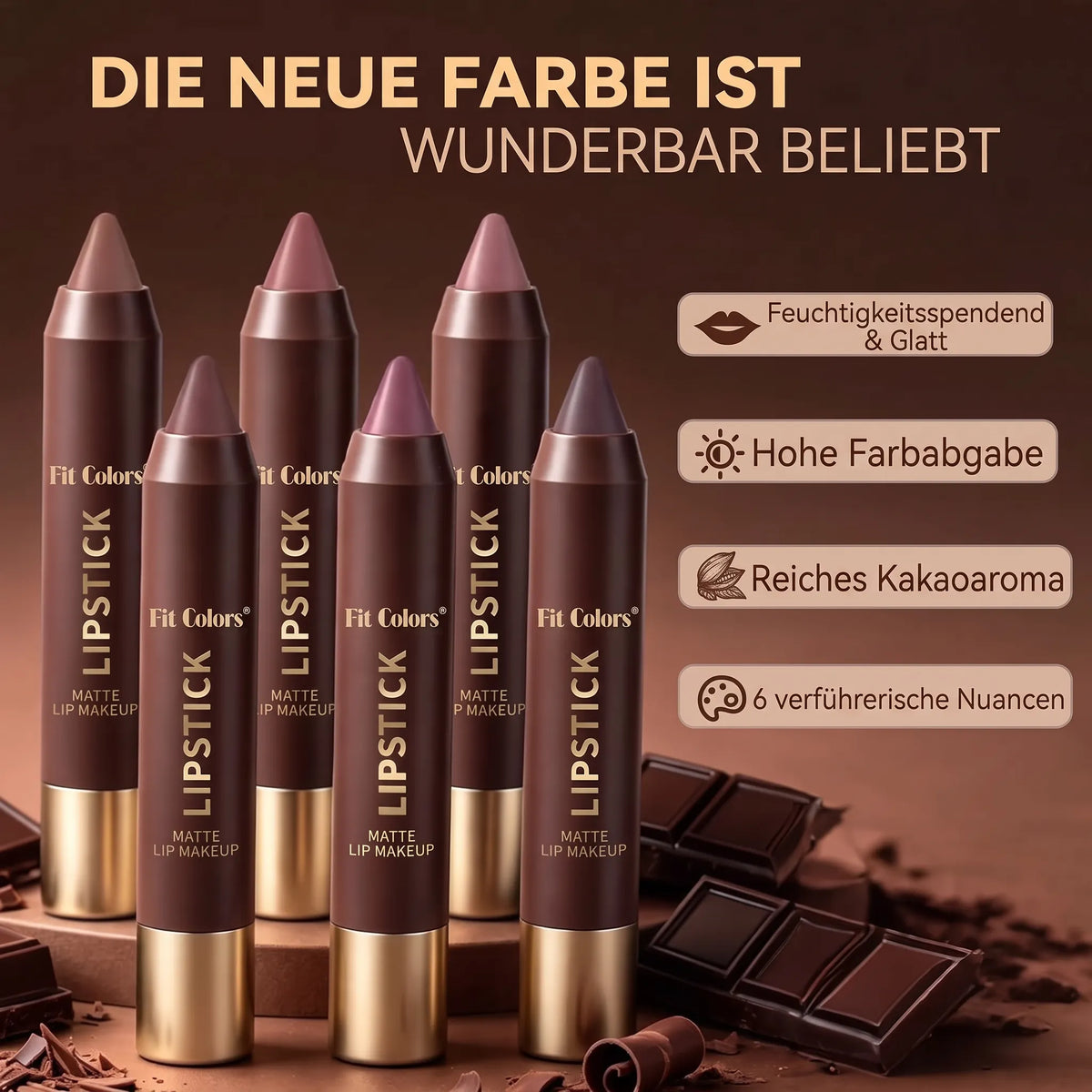 6-teiliges Set lang anhaltender, matter, brauner Lippenstift