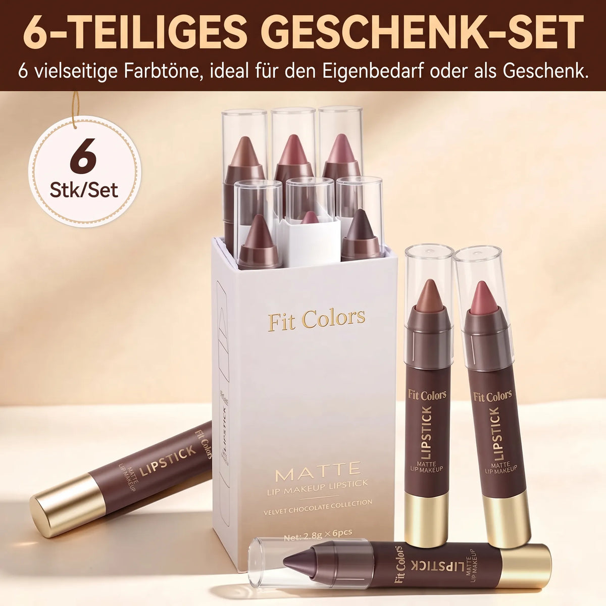 6-teiliges Set lang anhaltender, matter, brauner Lippenstift