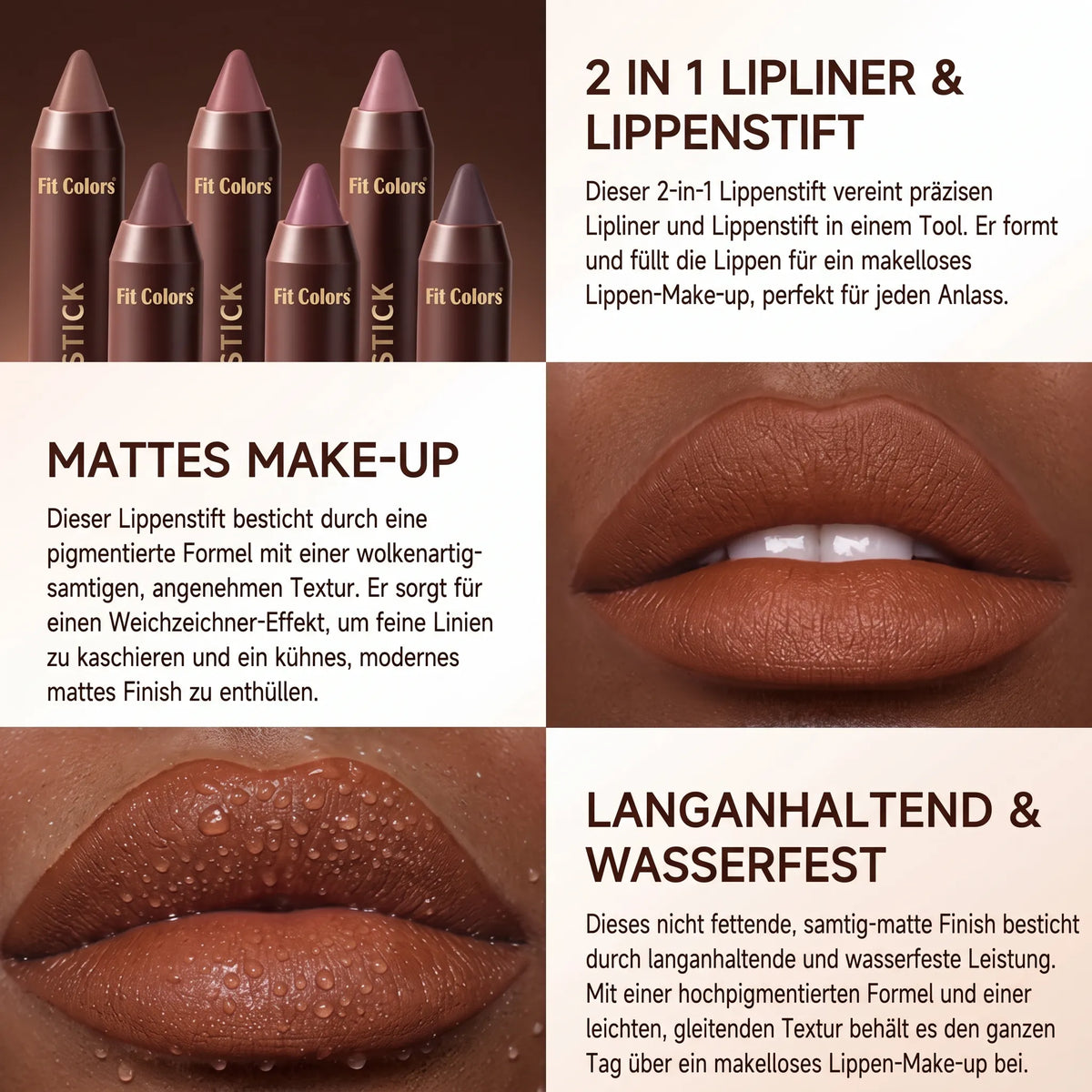 6-teiliges Set lang anhaltender, matter, brauner Lippenstift