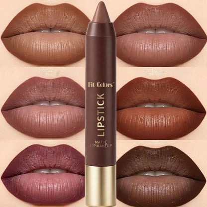 6-teiliges Set lang anhaltender, matter, brauner Lippenstift